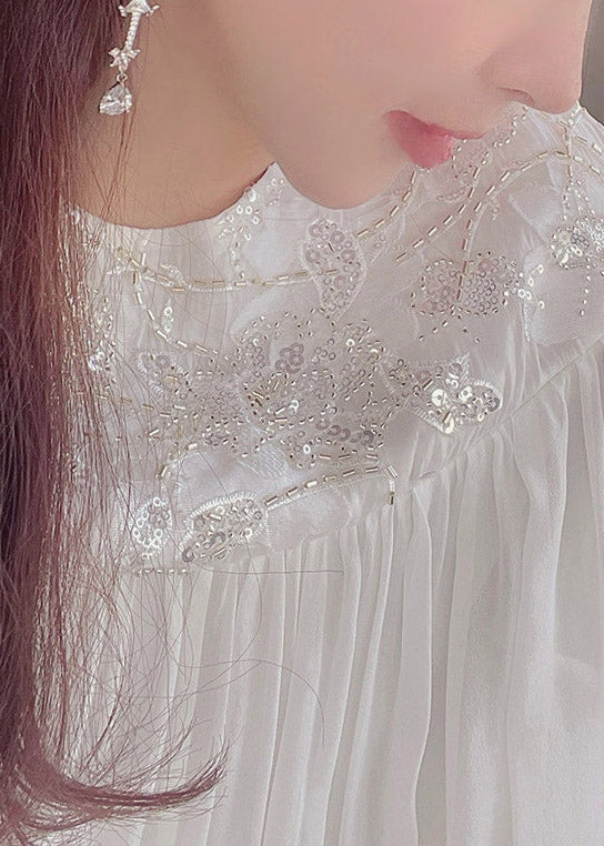 Chiffon Puff Sleeve Lace Embroidered Round Neck A-Line Maxi Wedding Dress