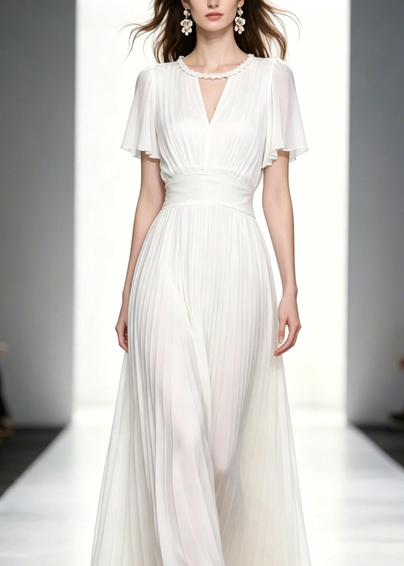 Chiffon Pearl Trim V-Neck Flutter Sleeve Pleated Waist Accordion Maxi Gown
