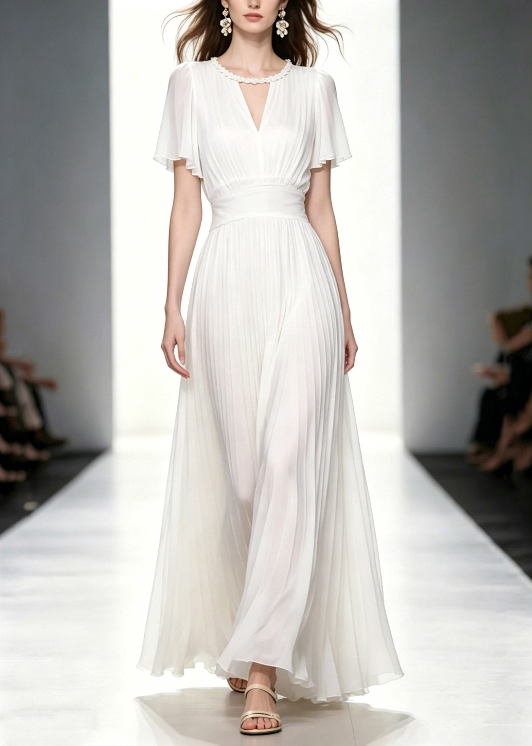 Chiffon Pearl Trim V-Neck Flutter Sleeve Pleated Waist Accordion Maxi Gown
