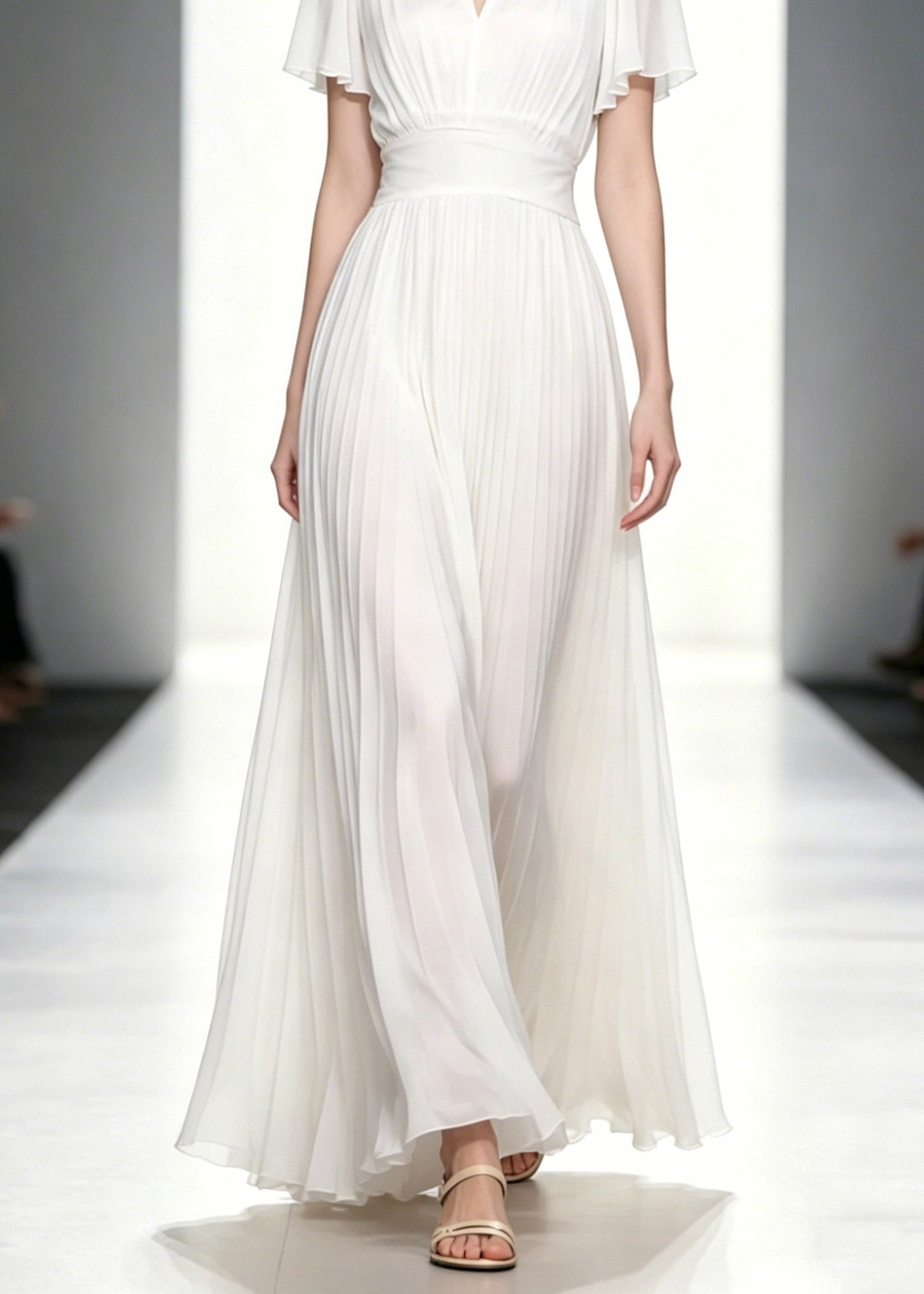 Chiffon Pearl Trim V-Neck Flutter Sleeve Pleated Waist Accordion Maxi Gown