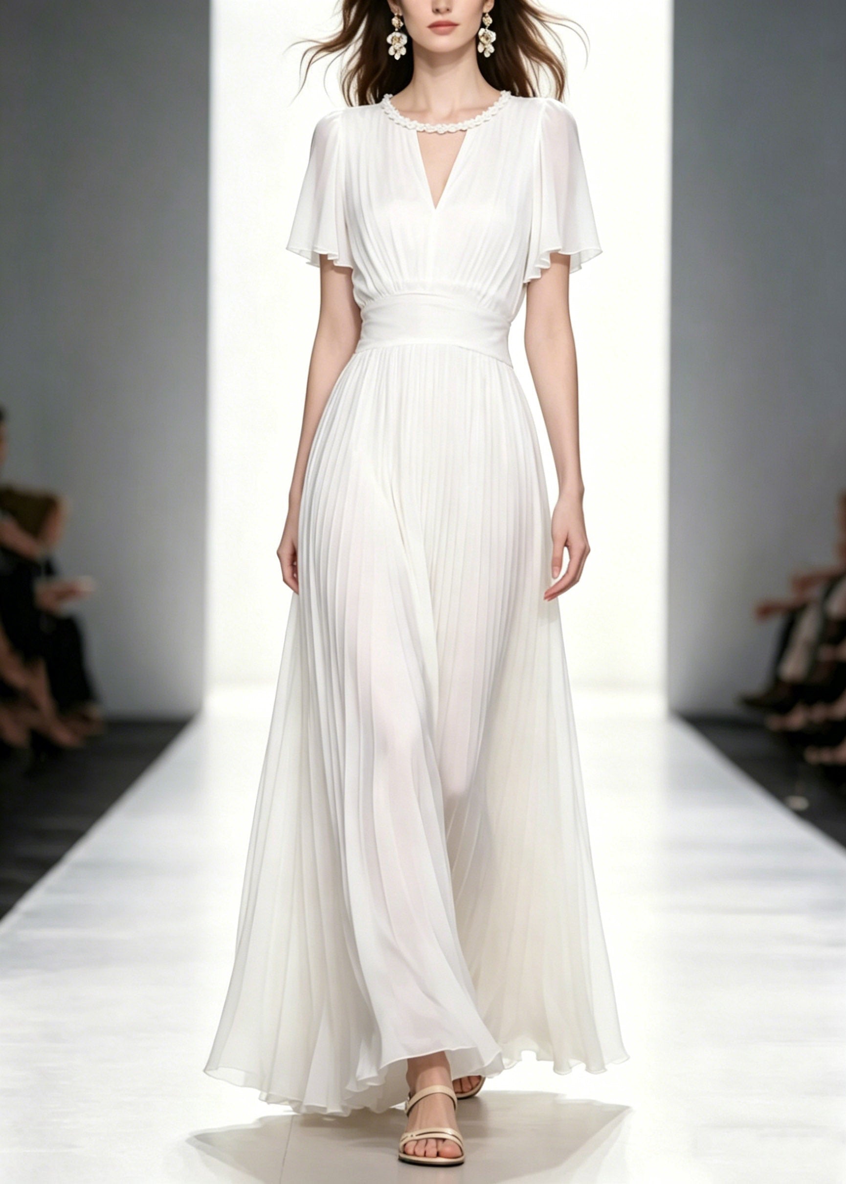 Chiffon Pearl Trim V-Neck Flutter Sleeve Pleated Waist Accordion Maxi Gown