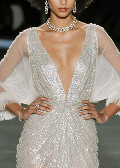 Sequin Deep V-Neck Sheer Wide Sleeve Feather Trim Draped High Split Midi Dress