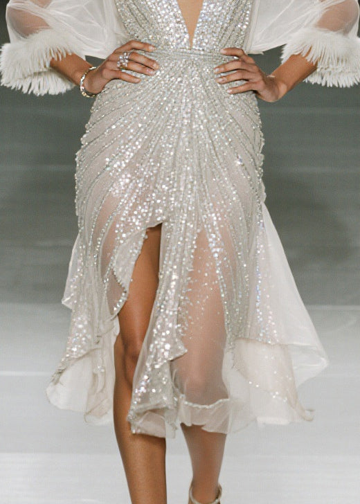 Sequin Deep V-Neck Sheer Wide Sleeve Feather Trim Draped High Split Midi Dress