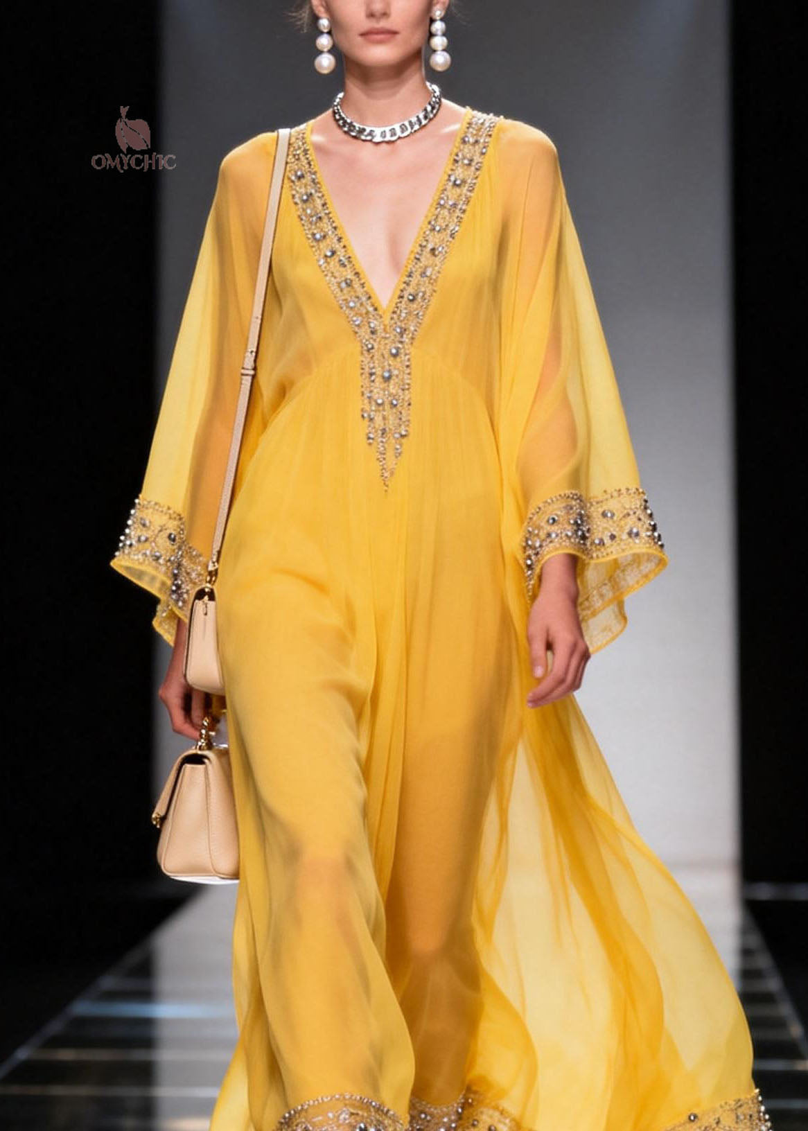 Chiffon Deep V-Neck Bell Sleeve Rhinestone Border Trim Kaftan Maxi Gown