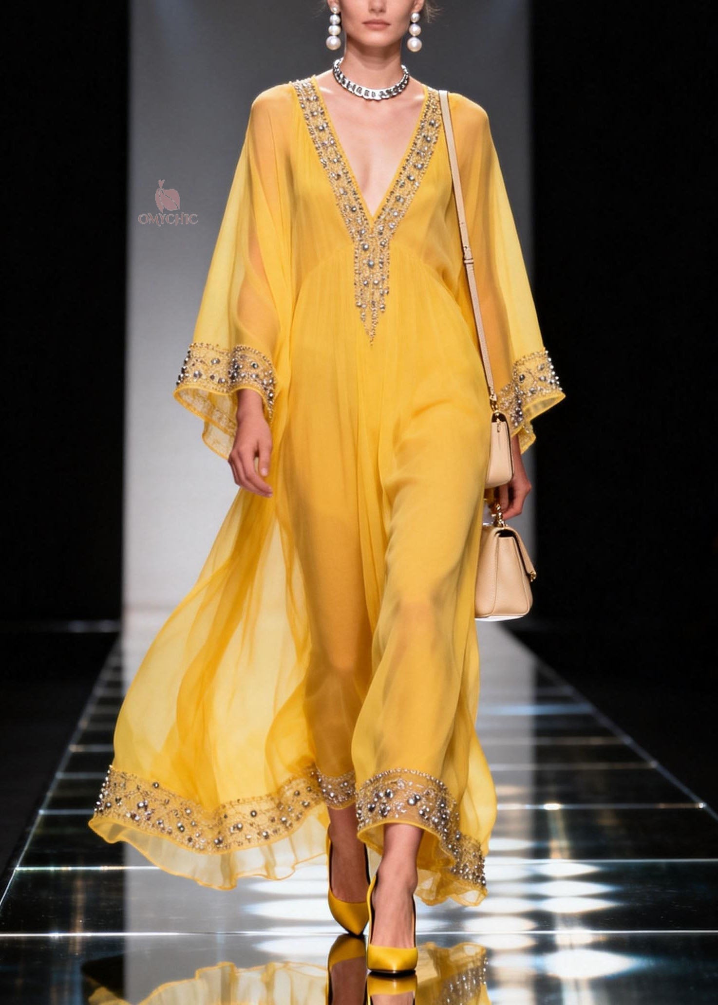 Chiffon Deep V-Neck Bell Sleeve Rhinestone Border Trim Kaftan Maxi Gown