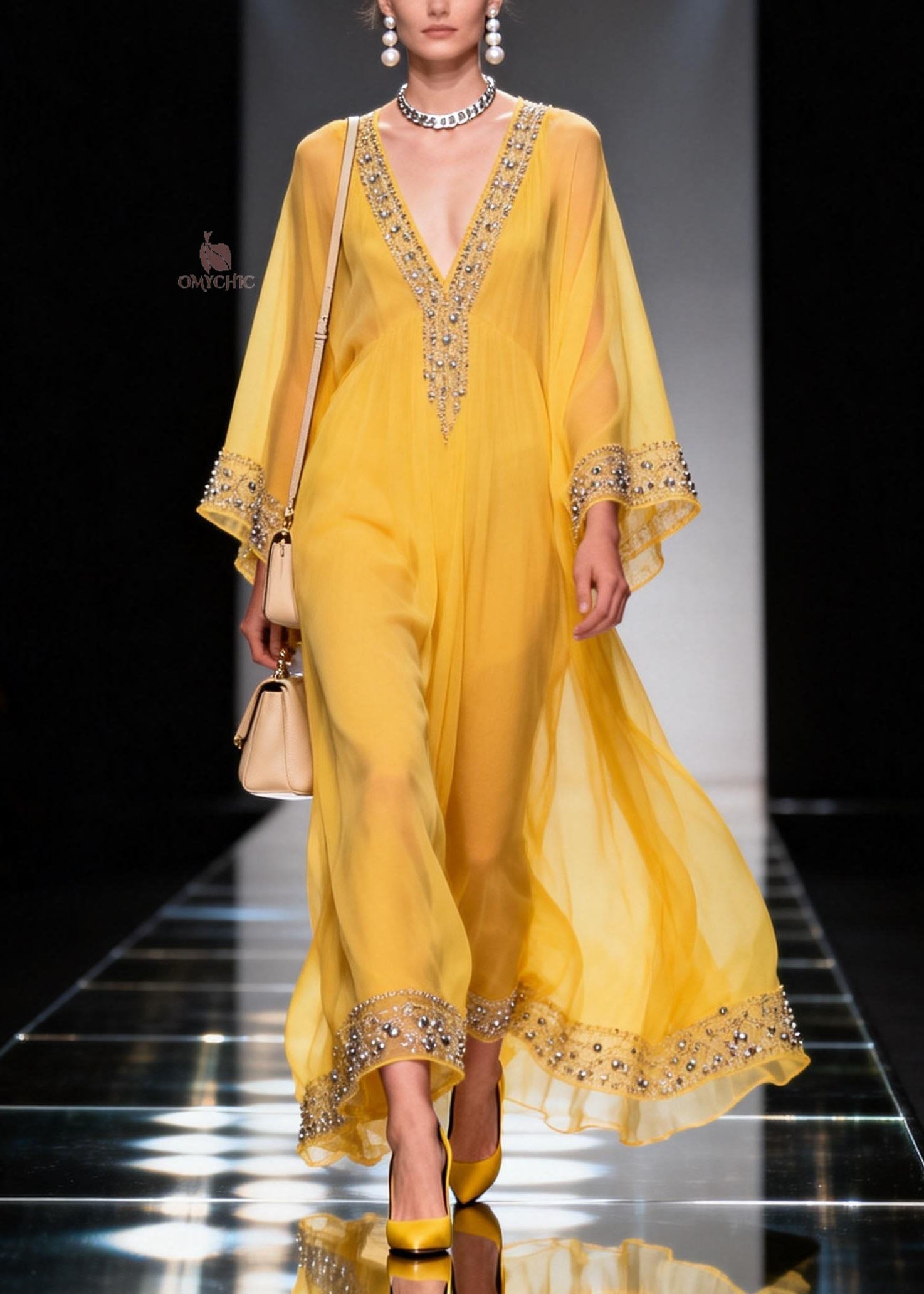 Chiffon Deep V-Neck Bell Sleeve Rhinestone Border Trim Kaftan Maxi Gown