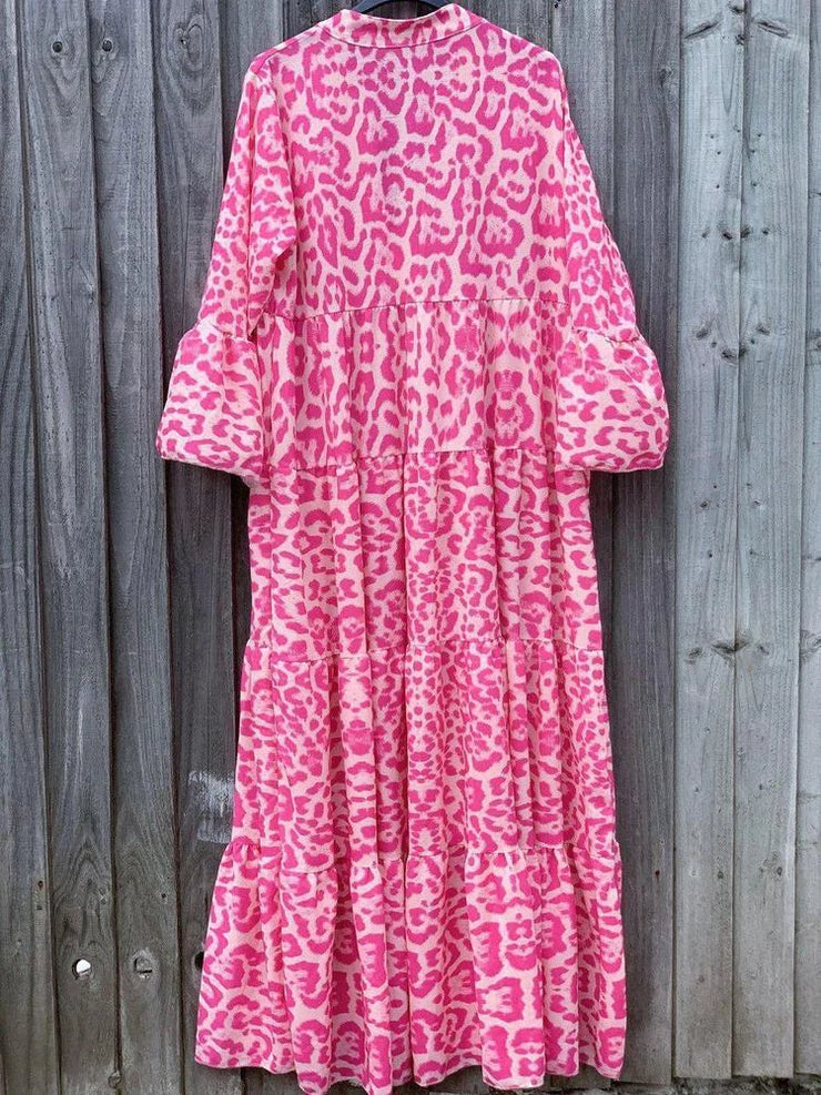 Leopard Print Mandarin Collar Deep V-Neck Long Sleeve Tiered Maxi Dress