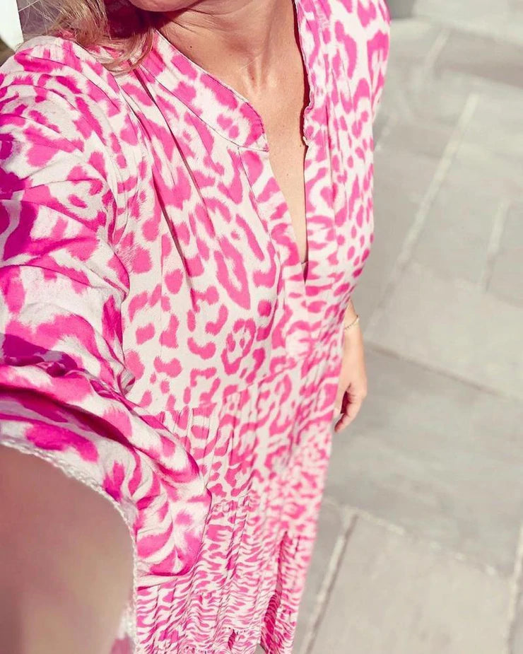 Leopard Print Mandarin Collar Deep V-Neck Long Sleeve Tiered Maxi Dress
