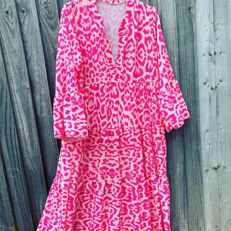 Leopard Print Mandarin Collar Deep V-Neck Long Sleeve Tiered Maxi Dress