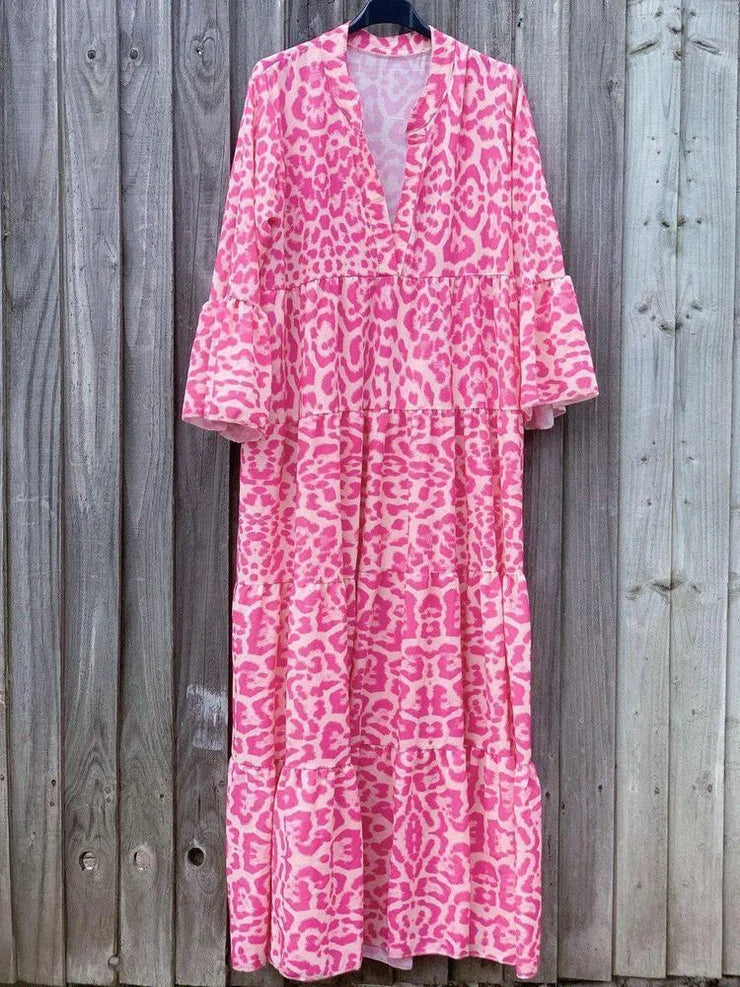 Leopard Print Mandarin Collar Deep V-Neck Long Sleeve Tiered Maxi Dress