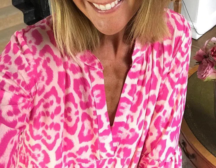 Leopard Print Mandarin Collar Deep V-Neck Long Sleeve Tiered Maxi Dress