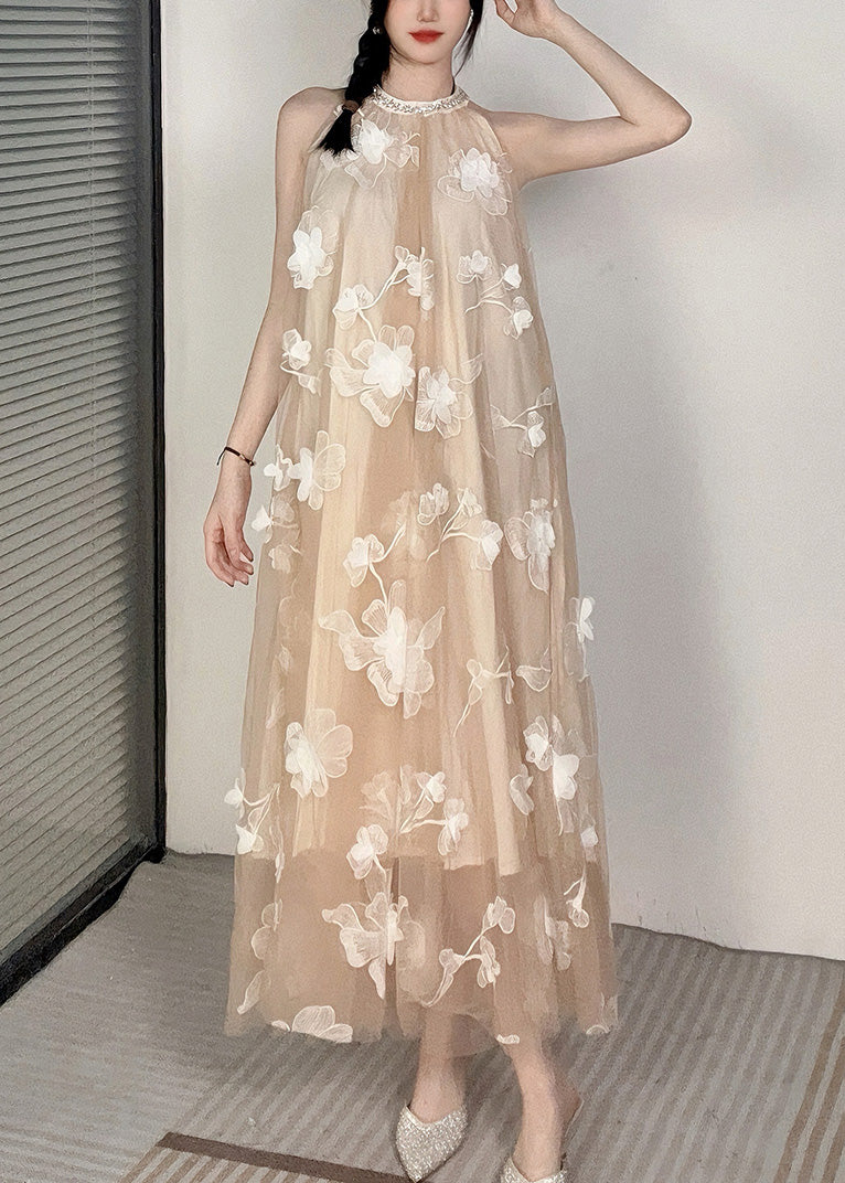 Mesh Halter Neck Pearl Trim 3D Floral Appliqué Tiered Maxi Dress
