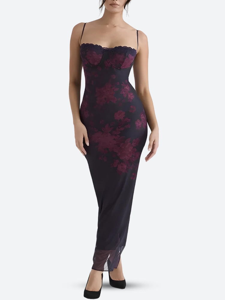 Floral Mesh Spaghetti Strap Lace Trim Bodycon Maxi Dress