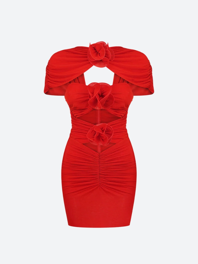 High Neck Short Sleeve Cut Out Flower Applique Bodycon Mini Dress