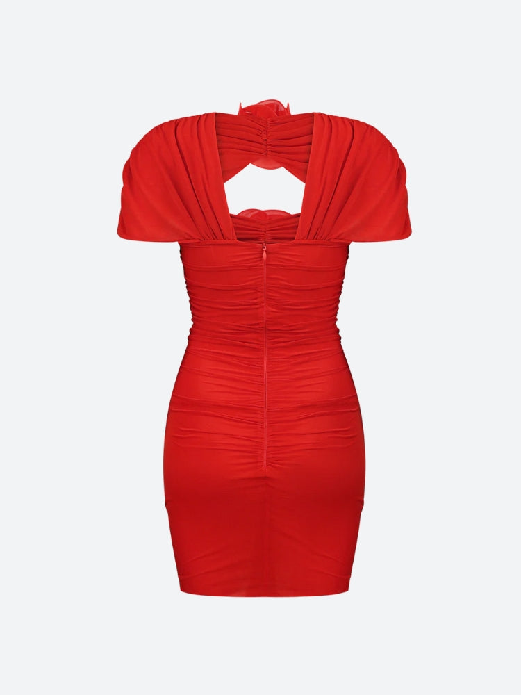 High Neck Short Sleeve Cut Out Flower Applique Bodycon Mini Dress