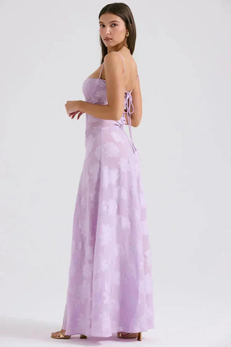 Floral Jacquard Spaghetti Strap Corset Bodice Maxi Dress 4