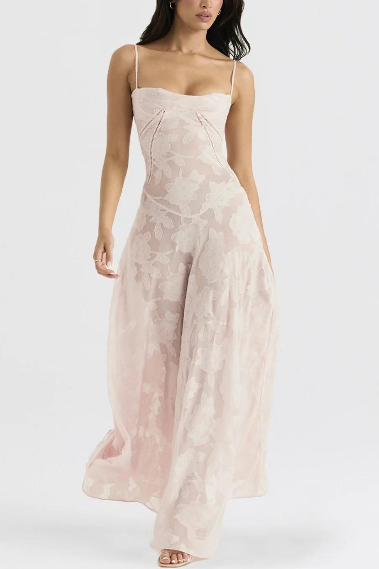 Floral Jacquard Spaghetti Strap Corset Bodice Maxi Dress 8