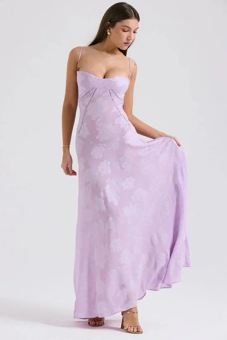Floral Jacquard Spaghetti Strap Corset Bodice Maxi Dress