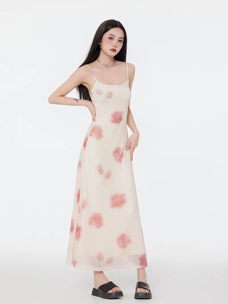 Floral Mesh Spaghetti Strap Maxi Dress - View 2