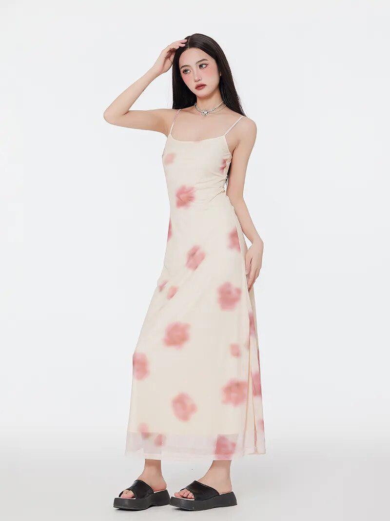 Floral Mesh Spaghetti Strap Maxi Dress - View 4
