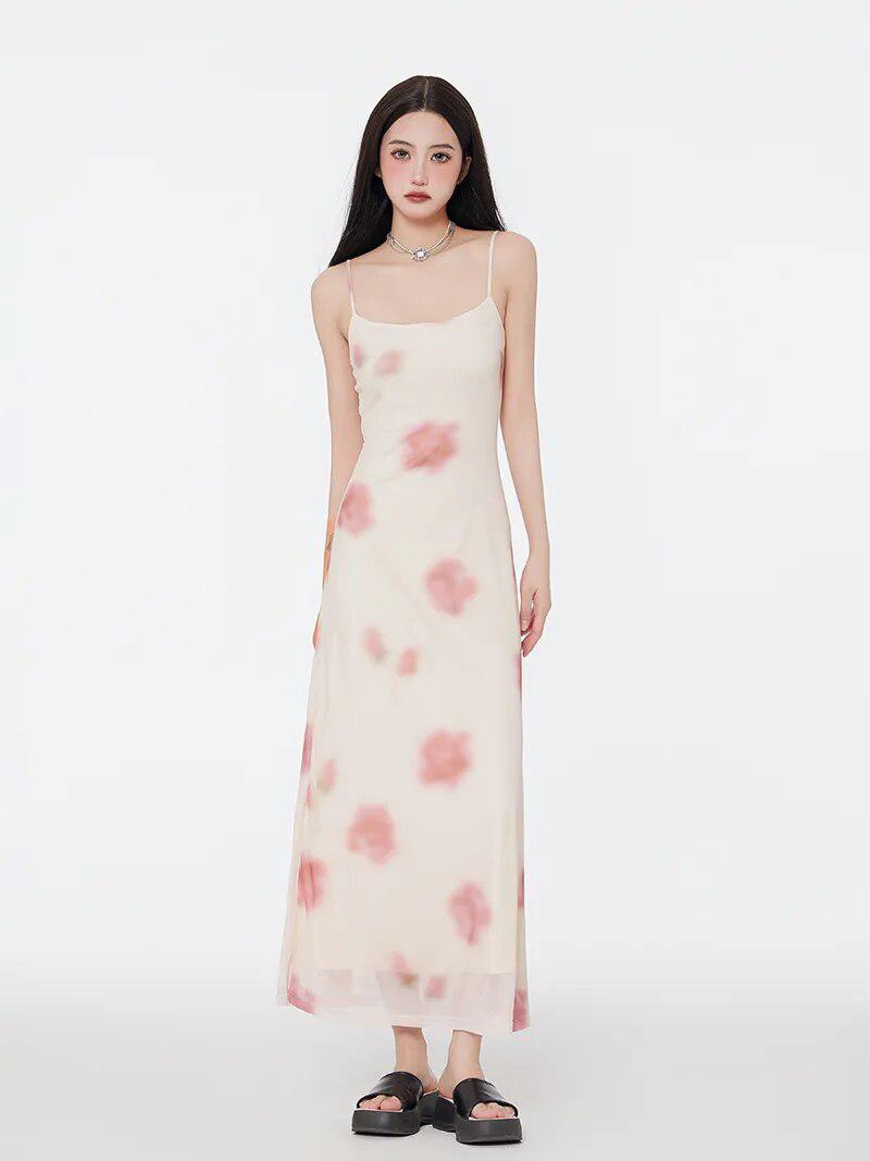 Blurred Floral Mesh Overlay Spaghetti Strap Maxi Slip Dress