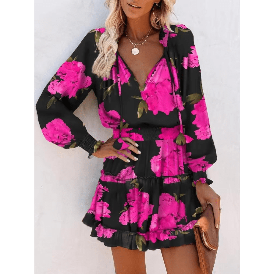 Floral V-Neck Long Sleeve Smocked Tiered Mini Dress