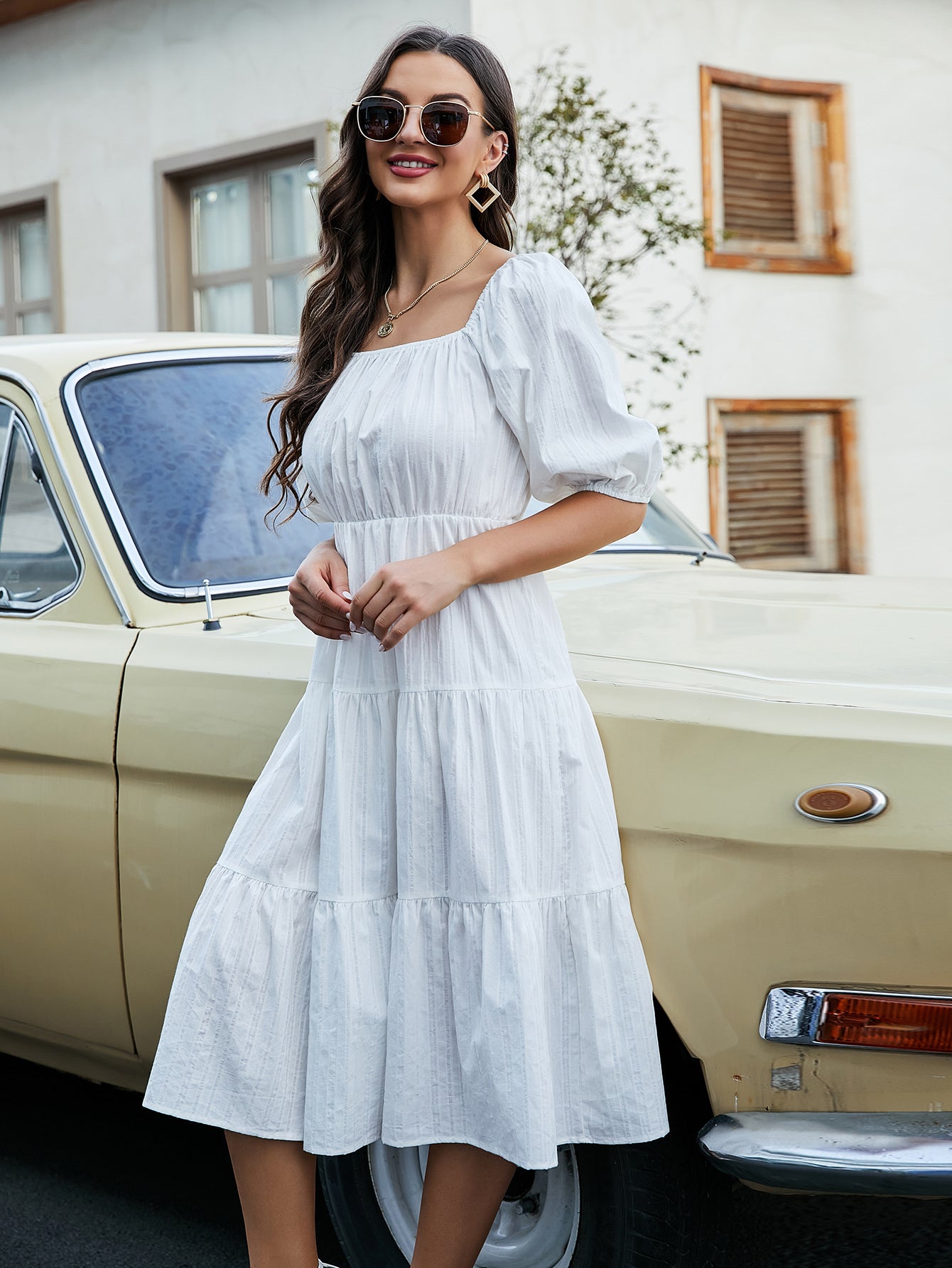 Floral Puff Sleeve Flare Hem Dress