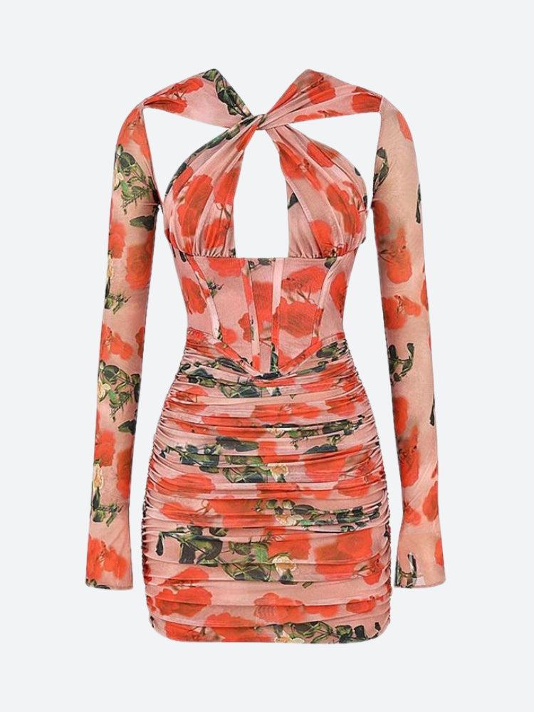 Floral Halter Cut Out Long Sleeve Corset Bodycon Mini Dress