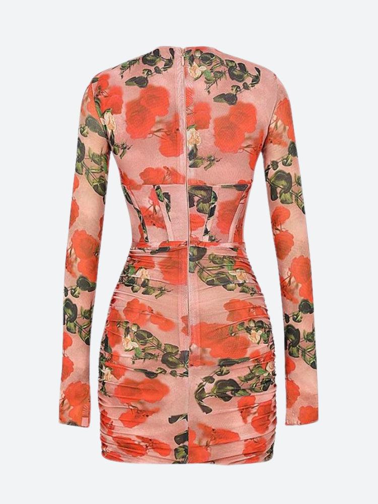 Floral Halter Cut Out Long Sleeve Corset Bodycon Mini Dress