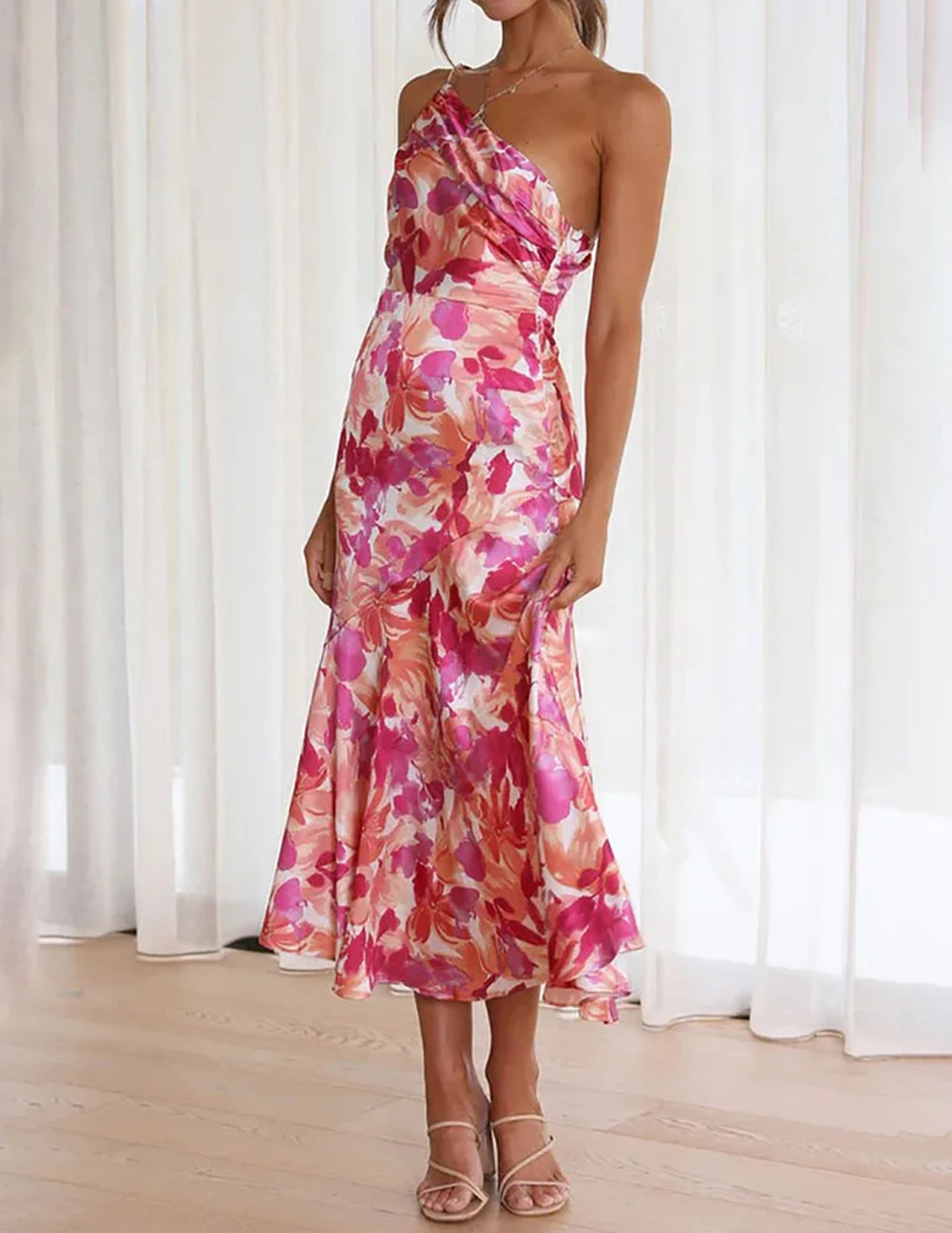 Floral Satin One Shoulder Ruched Mermaid Midi Dress