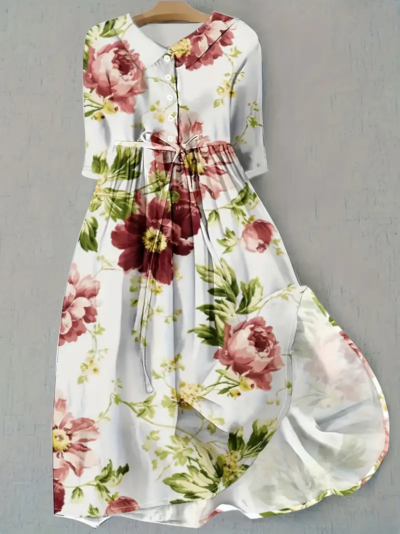Floral Collared Button Front Drawstring Waist High Low Midi Dress
