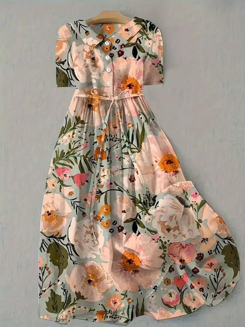 Floral Print Collared Short Sleeve Button Front Belted Maxi Dress