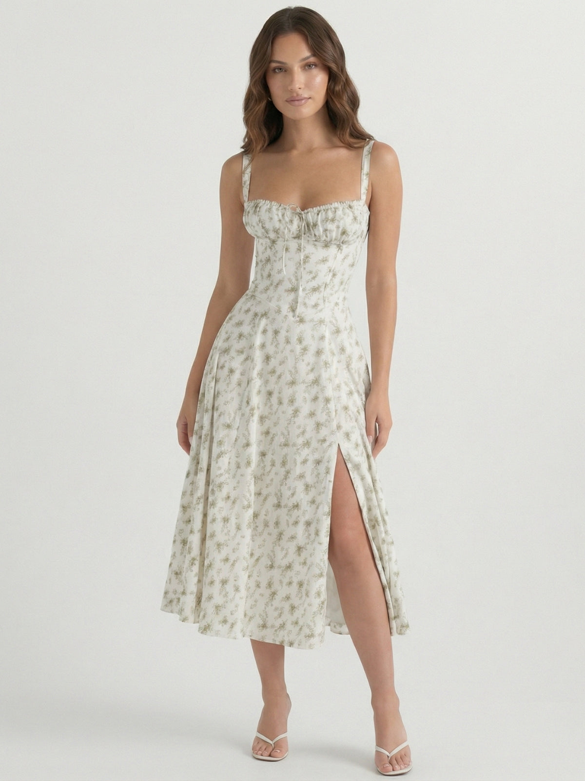 Floral Sweetheart Tie Front High Split Midi Dress 13