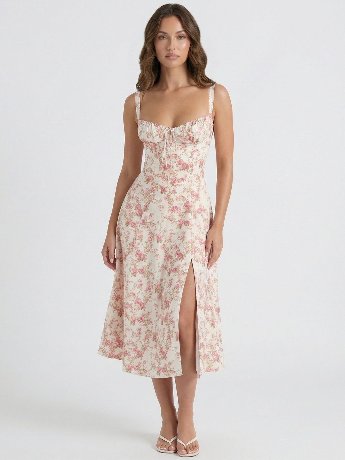 Floral Sweetheart Tie Front High Split Midi Dress 7