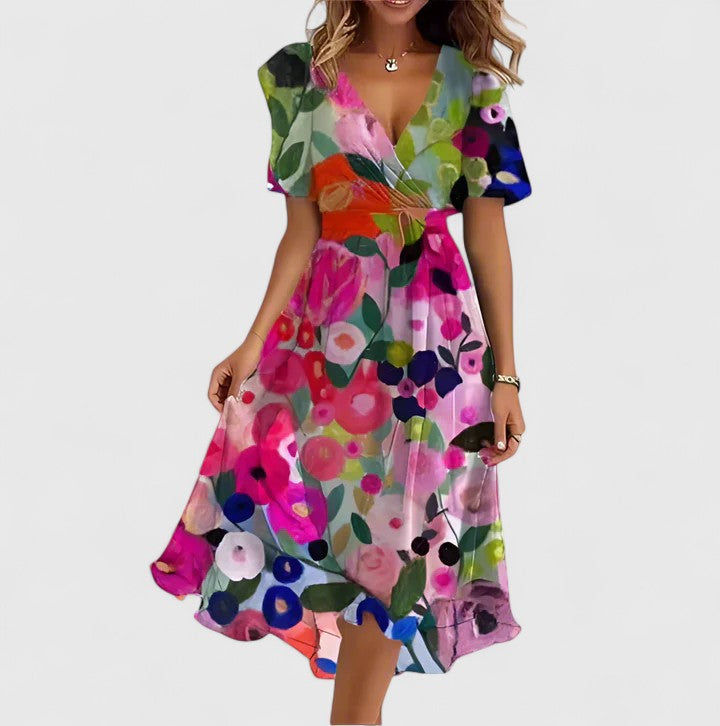 Floral Deep V-Neck Short Sleeve Wrap Midi Dress 4