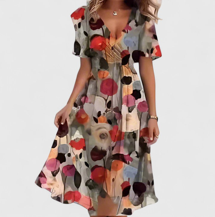Floral Deep V-Neck Short Sleeve Wrap Midi Dress 5