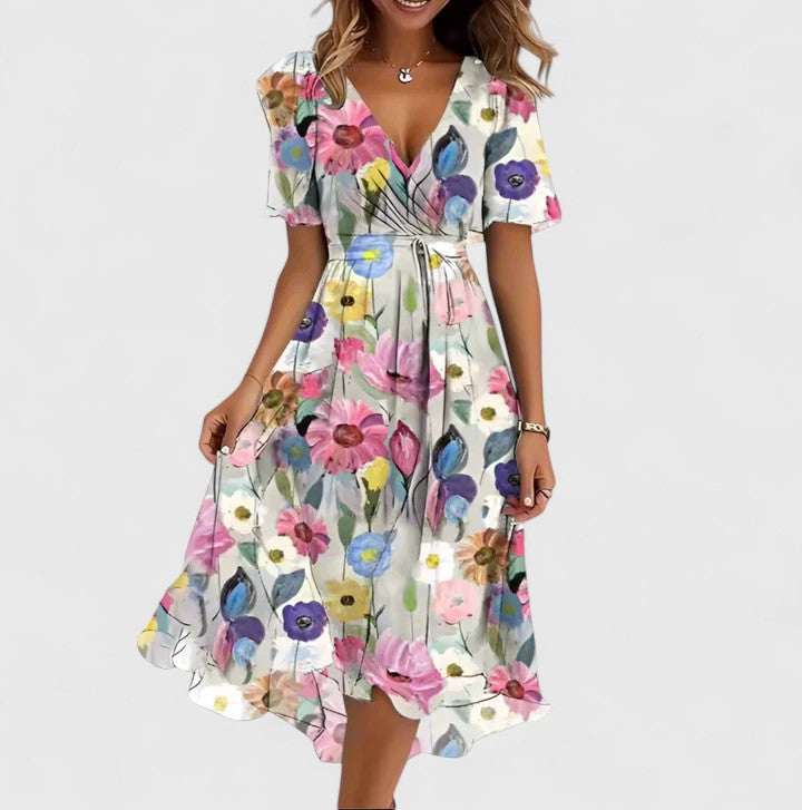 Floral Deep V-Neck Short Sleeve Wrap Midi Dress 6