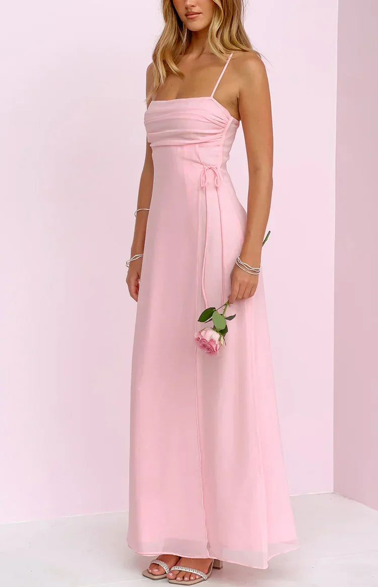 Chiffon Ruched Straight Neck Side Tie Spaghetti Strap Maxi Dress