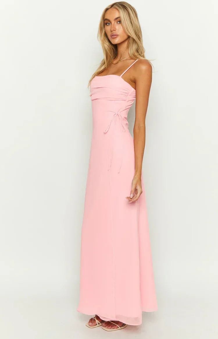 Chiffon Ruched Straight Neck Side Tie Spaghetti Strap Maxi Dress 14