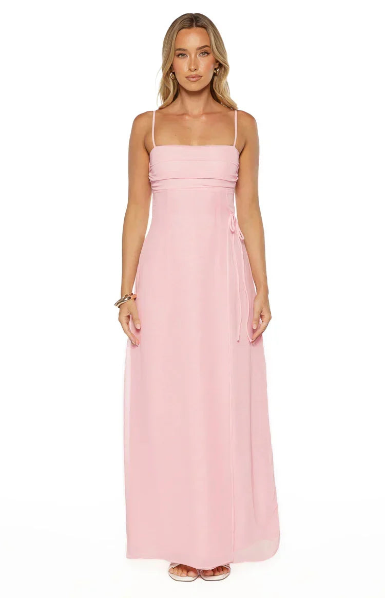 Chiffon Ruched Straight Neck Side Tie Spaghetti Strap Maxi Dress 7