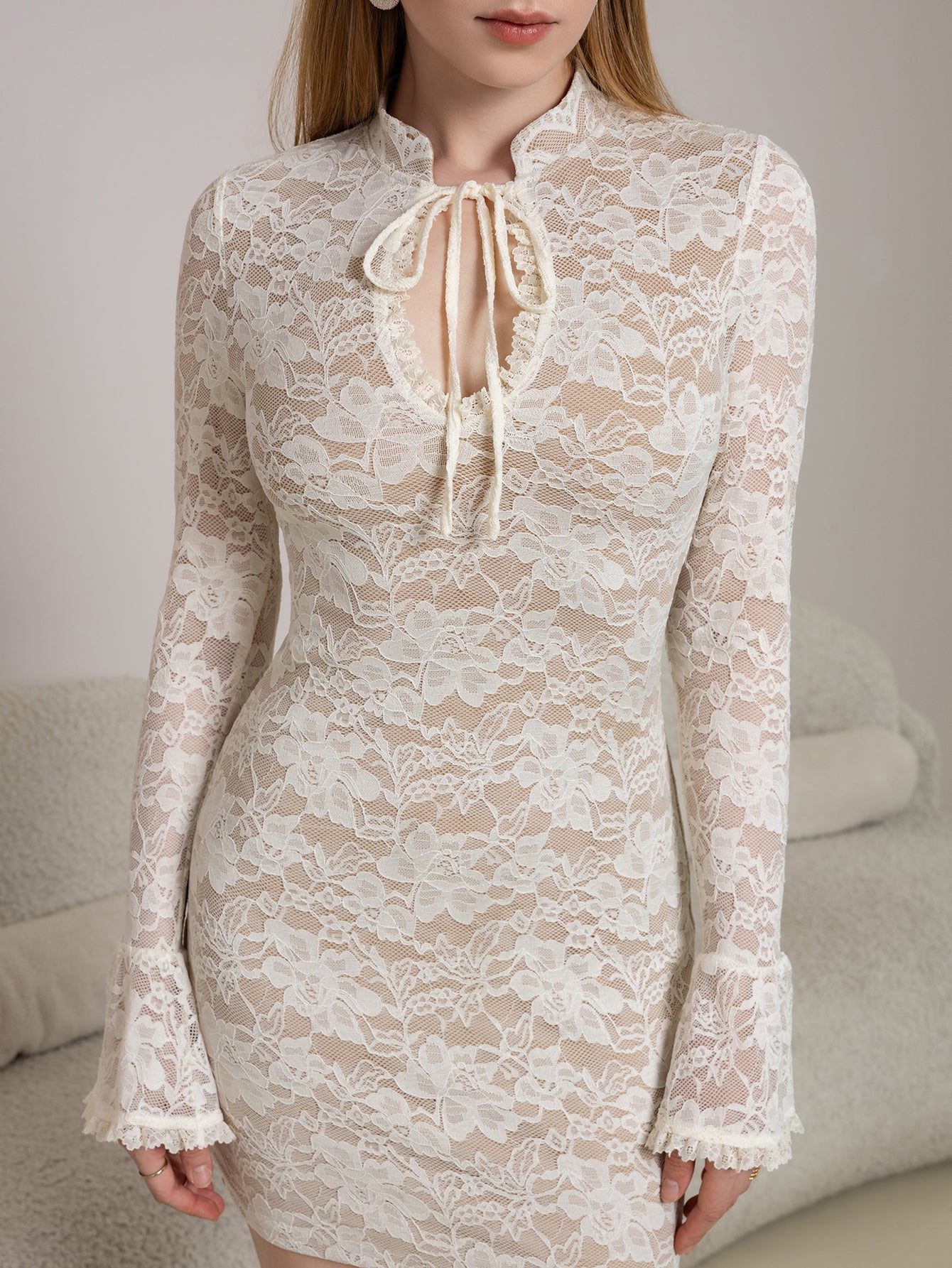 Flounce Sleeve Cut Out Tie Front Lace Mini Dress - View 6