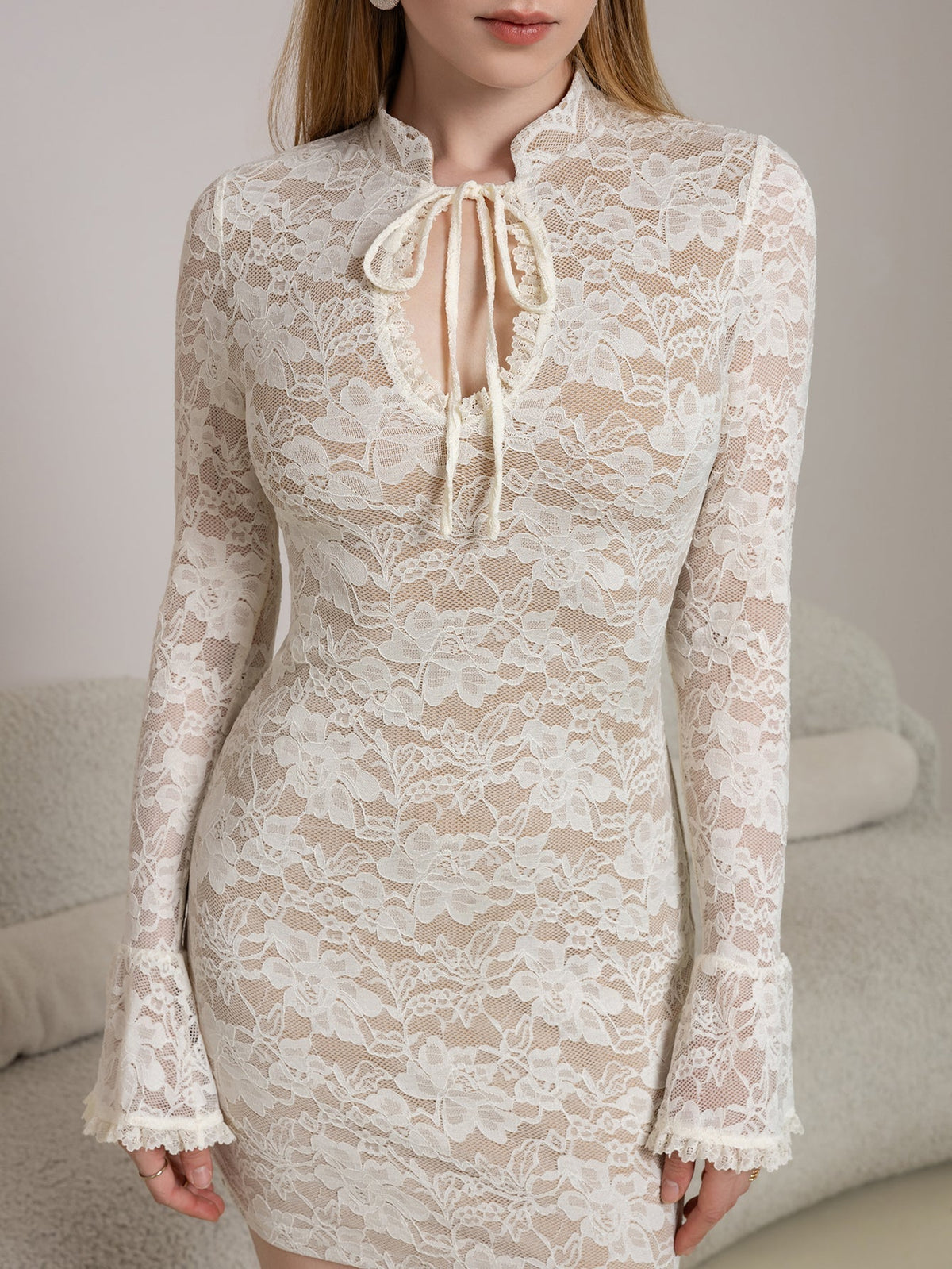 Mock Neck Tie Front Keyhole Floral Lace Flounce Sleeve Bodycon Mini Dress 6