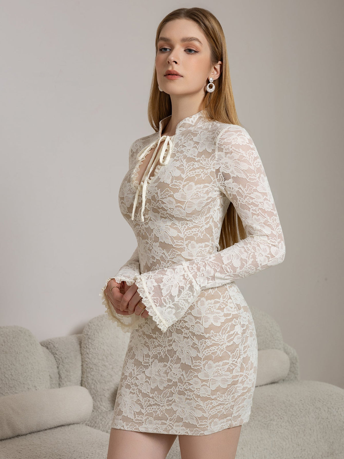 Mock Neck Tie Front Keyhole Floral Lace Flounce Sleeve Bodycon Mini Dress 4