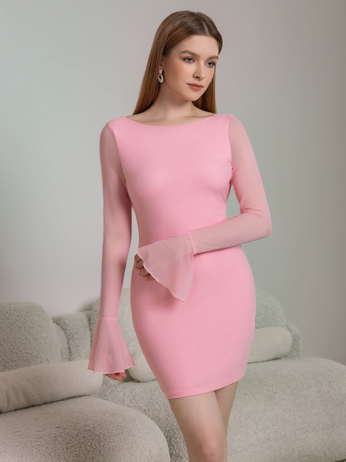 Flounce Sleeve Embellished Bow Tie Backless Mesh Dress - View 3