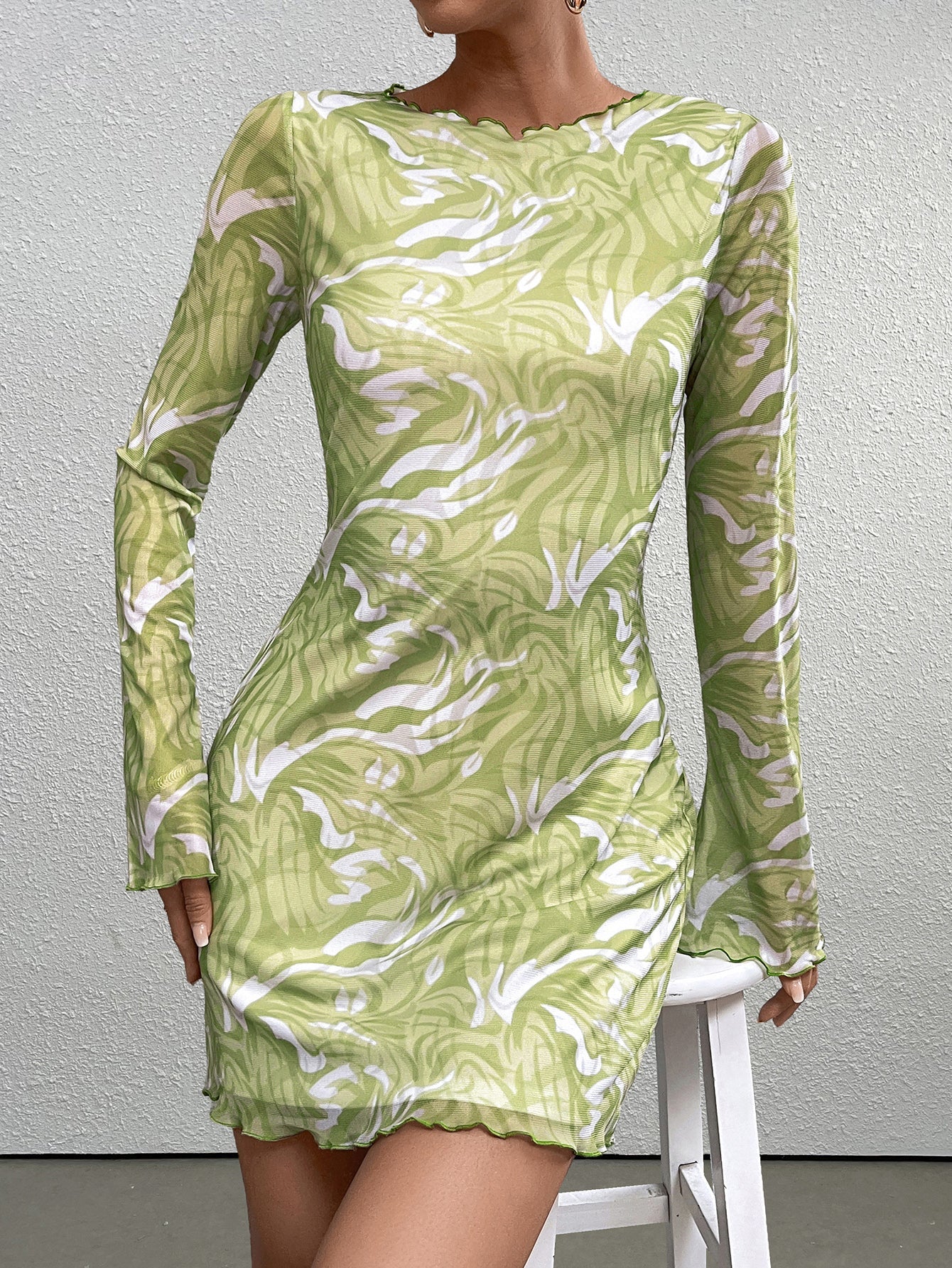 Abstract Print Mesh Boat Neck Long Sleeve Bodycon Mini Dress