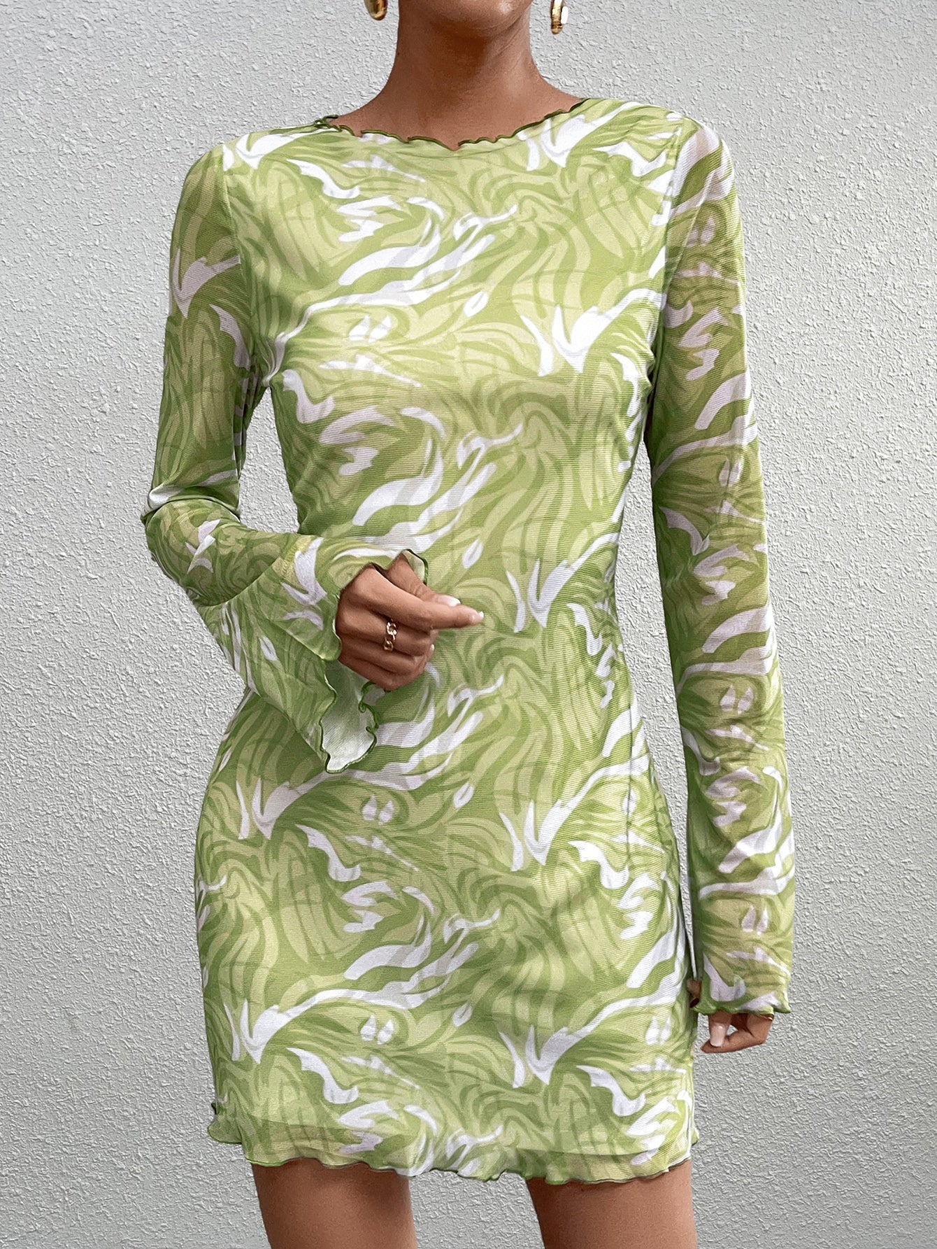 Abstract Print Mesh Boat Neck Long Sleeve Bodycon Mini Dress