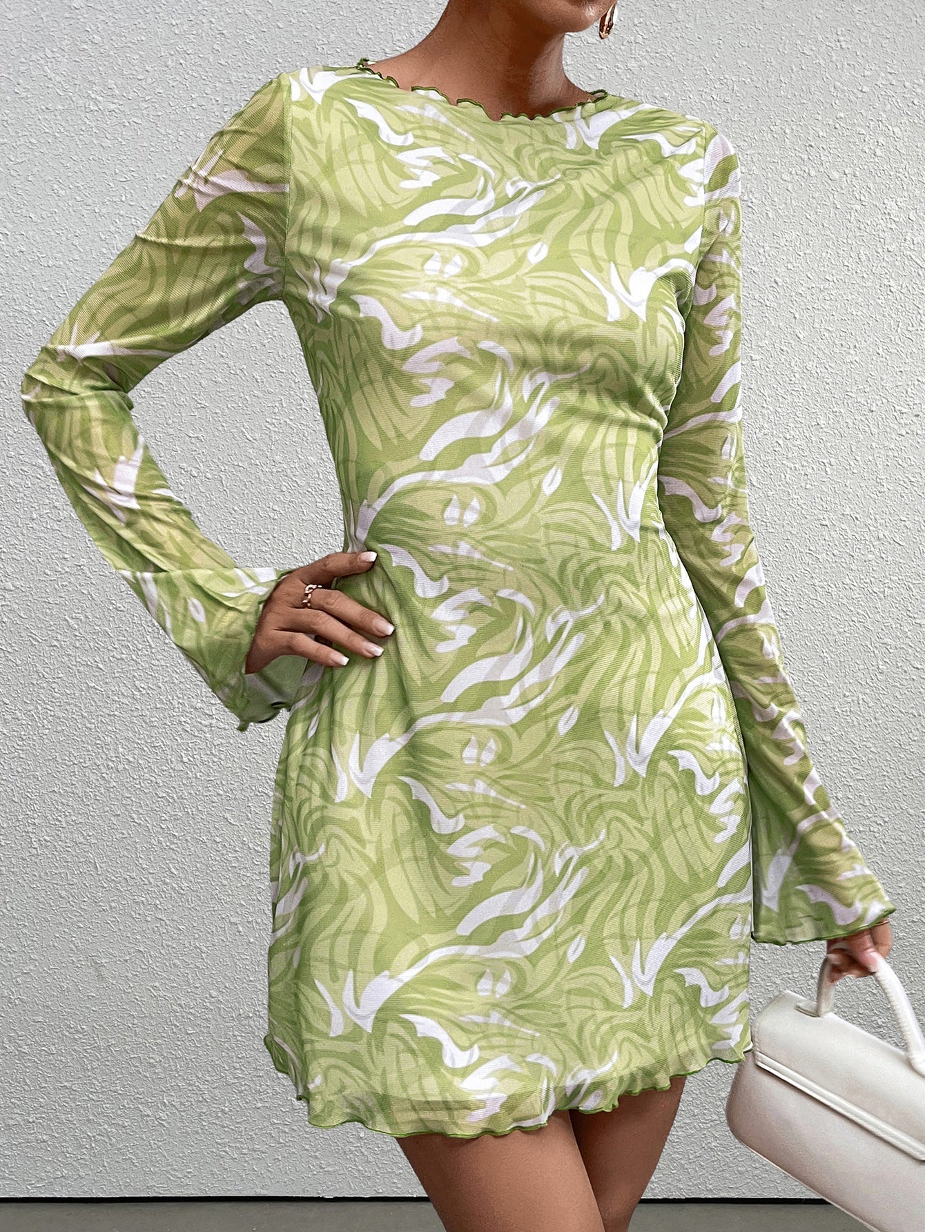 Abstract Print Mesh Boat Neck Long Sleeve Bodycon Mini Dress
