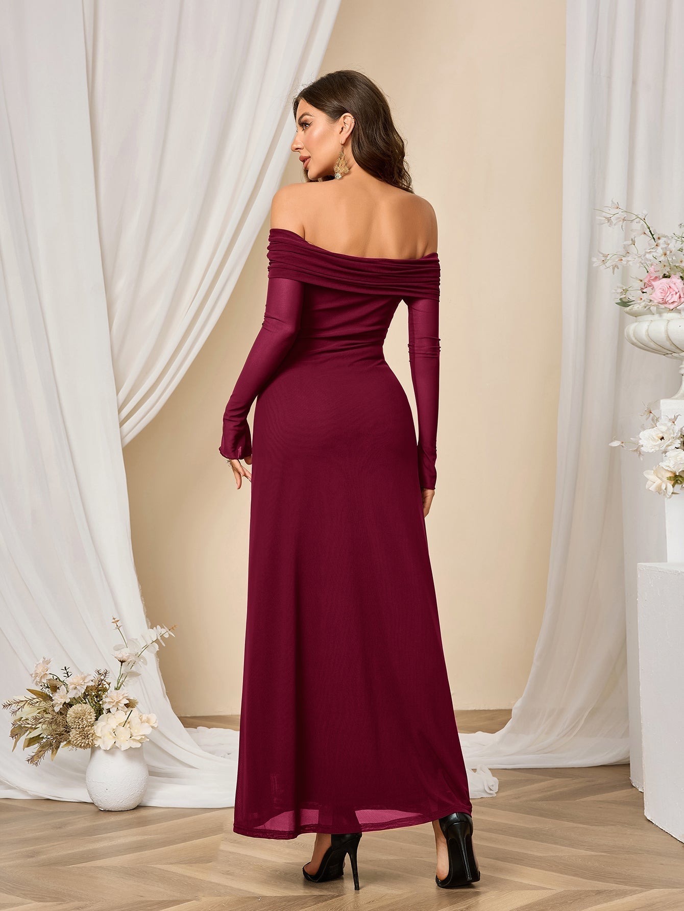 Flounce Sleeve Off Shoulder Mesh Bodycon Dress - View 13