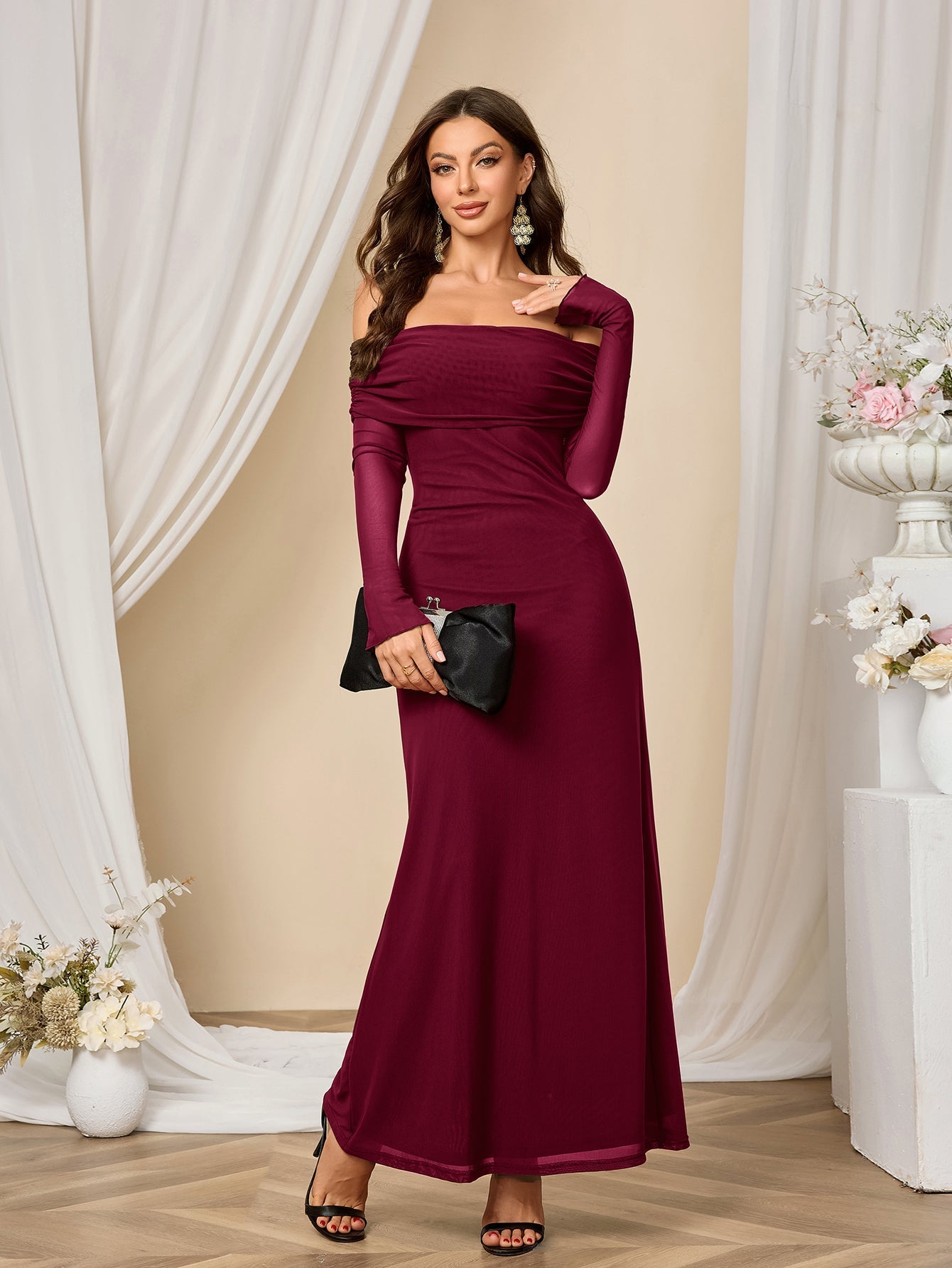 Flounce Sleeve Off Shoulder Mesh Bodycon Dress - View 17