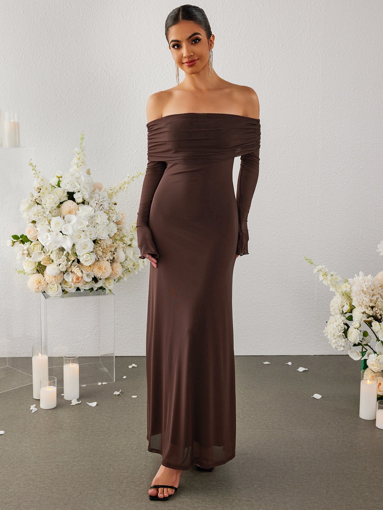 Flounce Sleeve Off Shoulder Mesh Bodycon Dress - View 3
